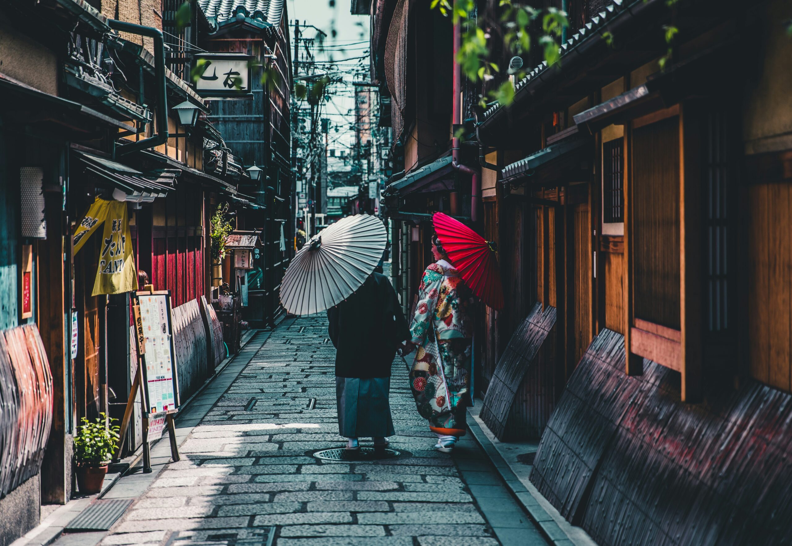Two people walking down a street holding Japanese umbrellas