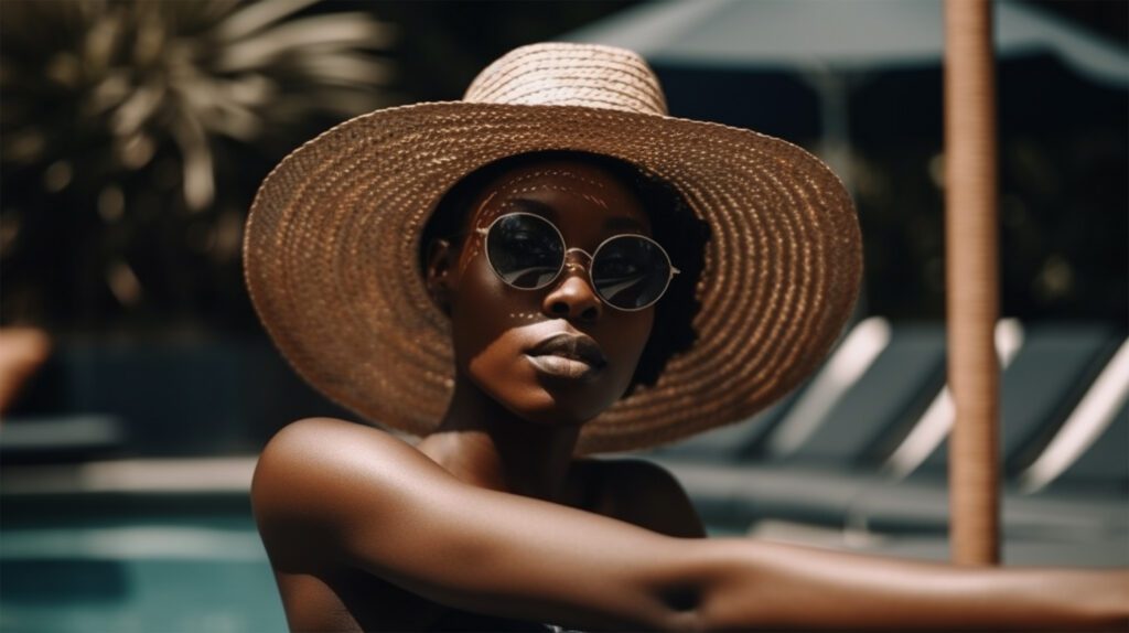 A woman in a sun hat and sunglasses with a pool in the background.