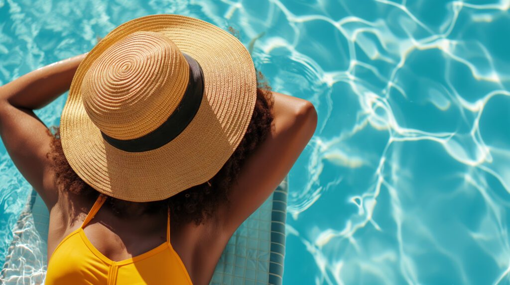 A woman lying in a pool with a sun hat over her face wearing a yellow bikini