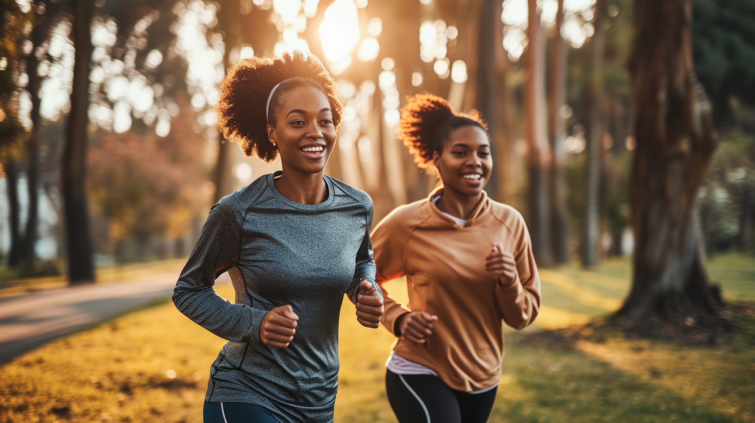 Two women wearing sportswear and jogging in the woods