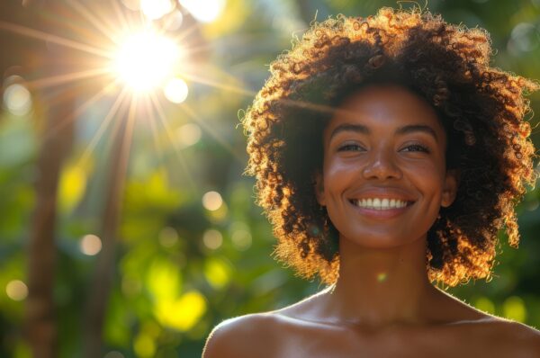 A black woman smiling with the sun shining behind her