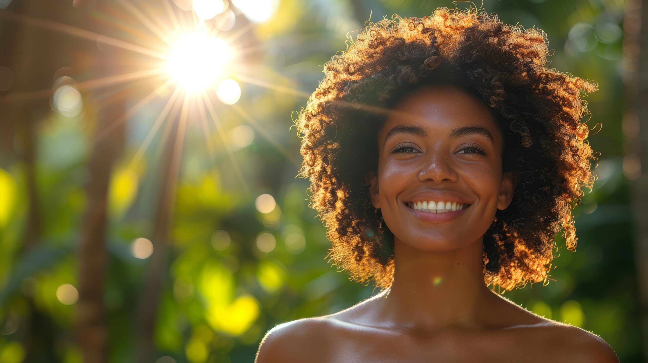 A black woman smiling with the sun shining behind her